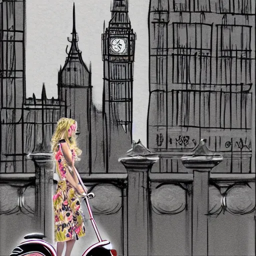 Prompt: a sketch drawing, a woman drive a scooter, dressed in a white dress with a floral print, a view of big ben,, photorealistic, by gabo mendoza, trending on artstation