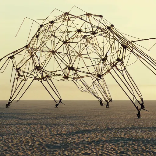 Image similar to strandbeest the size of a mountain made of wicked glinting steel trampling over a land of dusty grey, photo realistic, 8 k, trending on artstation