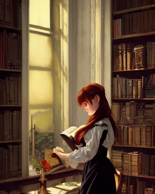 Image similar to a portrait of a victorian maid with long, flowing, auburn hair, standing in a victorian reading room, window, short bookshelf, holding a stack of books, vivid colors, soft lighting, atmospheric, cinematic, moody, in the style of Ilya Kuvshinov and Range Murata, Krenz Cushart, oil on canvas, anime, 8K