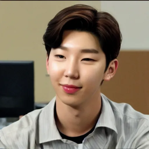 Image similar to Kim Namjoon from bts in The Office TV show season 7, HD, 2009, joon, screenshot, rapmonster, rm, official