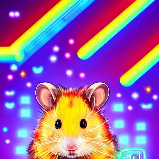 Image similar to cyberpunk hamster! holding rainbow! gem! crystal, neon lights, light reflection, 8 k, hd