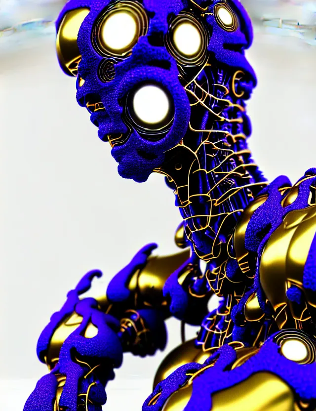 Prompt: complex 3 d render of a cyborg droid with glowing blue eyes. purple gold and black and white, fractal veins. afro cyborg, 1 5 0 mm, beautiful natural soft light, rim light, gold fractal details, fine lace, mandelbot fractal, anatomical, glass, facial muscles, elegant, ultra detailed, metallic armor, octane render, depth of field