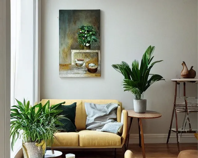 Prompt: A warm painting of a room interior, calm, relaxing, cosy, warm light, warm color scheme, houseplants, fresh flowers, oil on canvas