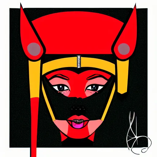 Prompt: svg minimalist side portrait of a drag queen wearing a viking helmet with red lipstick with a broadsword on her shoulder, intricate detail, award - winning, in the style of dungeons and dragons, 4 k, pop art, art - deco, comic - art, dynamic pose, silhouette, solid colors, solid red background