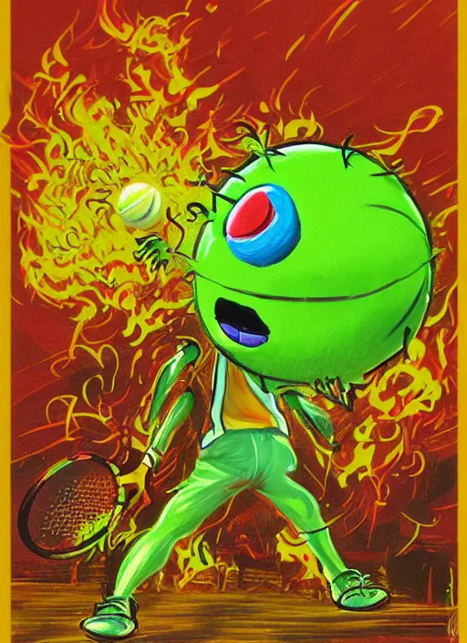 Image similar to tennis ball monsters playing tennis, a tennis ball monster ,tennis ball,amazing, lasers, explosions, fire, digital art, fantasy, magic, trending on artstation, ultra detailed, professional illustration,chalk, poster artwork by Basil Gogos , clean