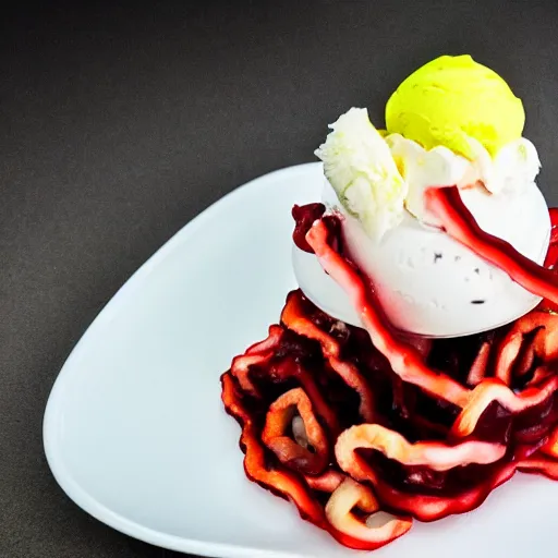 Prompt: ice cream sundae topped with raw calamari