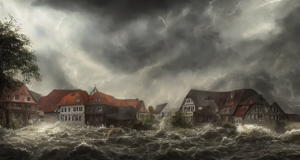 Image similar to dramatic landscape art of a german town being flooded during a thunderstorm, background art, concept art, dramatic lighting, trending on artstation