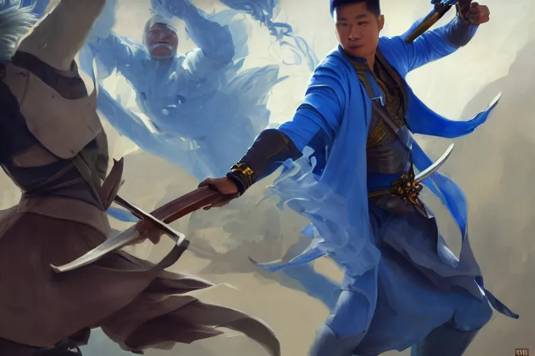 Image similar to a filipino man with a sword charging at a blond man in a blue suit with a sword, organic painting, sunny day, matte painting, bold shapes, hard edges, street art, trending on artstation, by huang guangjian, gil elvgren, ruan jia, randy vargas, greg rutkowski