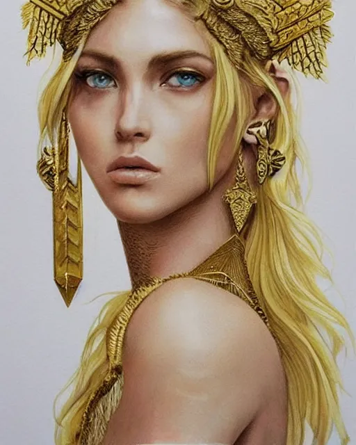 Image similar to tattoo sketch of hot blonde super model as aphrodite greek goddess wearing a gold laurel wreath and triangle earrings, beautiful piercing gaze with sharp pupils, in the style of greg rutkowski, fantasy, amazing detail, epic, elegant, smooth, sharp focus, front view