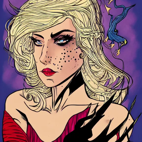 Prompt: Comic Art Expressive blonde woman with freckels magic dragon powers