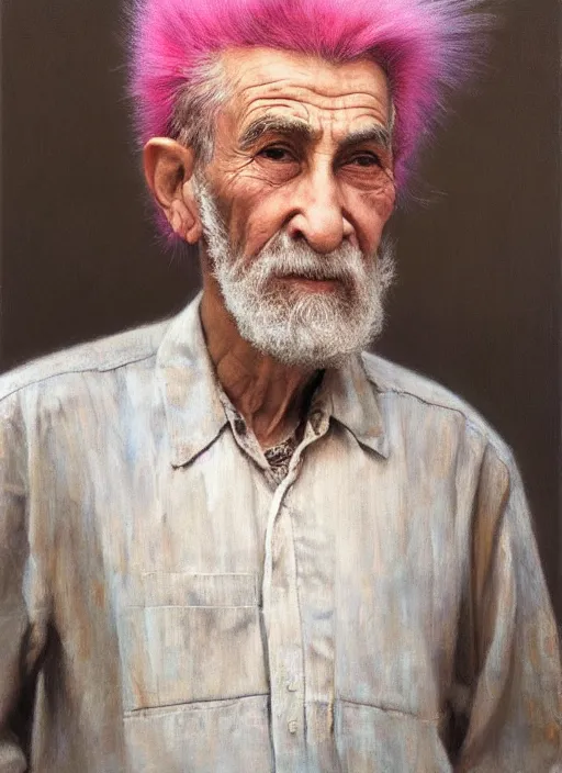 Image similar to a portrait of old man with a pink mohawk by iman maleki, punk rock, oil painting, muted colours, soft lighting