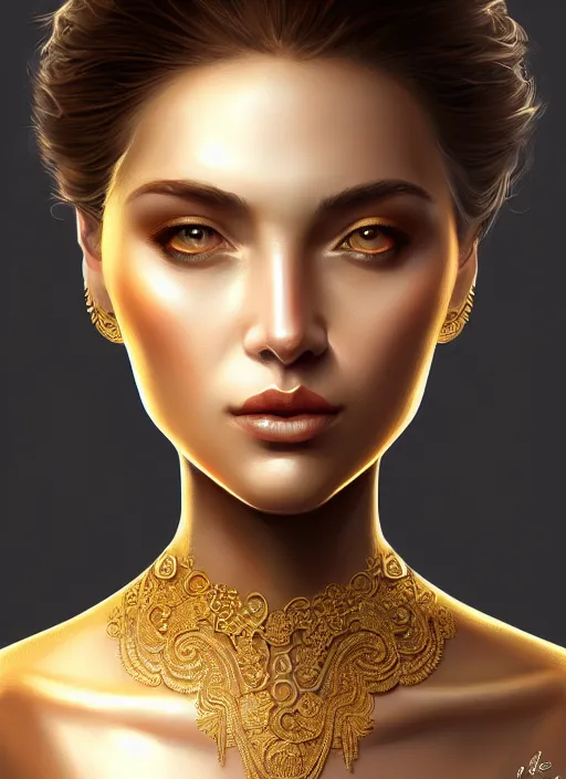 Image similar to portrait of female, gold, intricate, elegant, highly detailed, digital painting, artstation, concept art, smooth, sharp focus, illustration