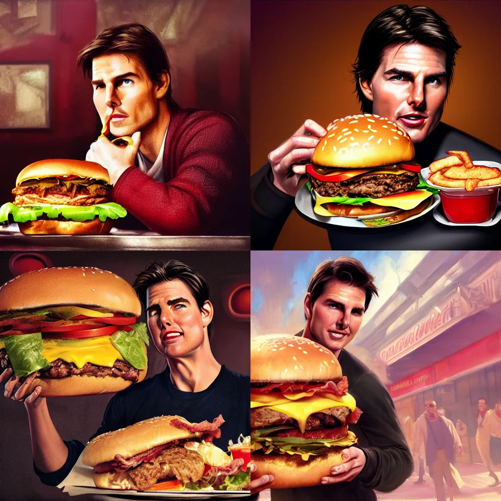 Prompt: portrait photography of Tom Cruise eating a giant hamburger, extra ketchup and mustard with overflowing bacon lettuce and tomato, cinematic lighting, highly detailed, digital painting, artstation, concept art, smooth, sharp focus, illustration, art by Terry Moore and Greg Rutkowski and Alphonse Mucha