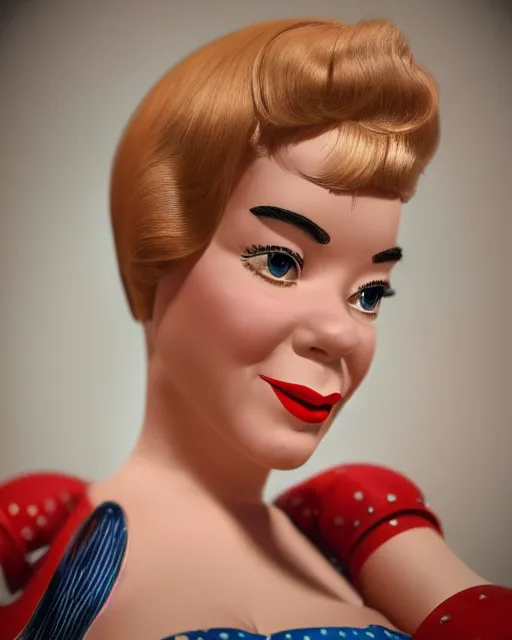 Image similar to highly detailed closeup, face profile portrait of a tin toy retro 1 9 5 0 s shirley maclaine, bikini, depth of field, fashion photoshoot by max fleischer, breathtaking, detailed and intricate environment, 8 k resolution, hyperrealistic, octane render