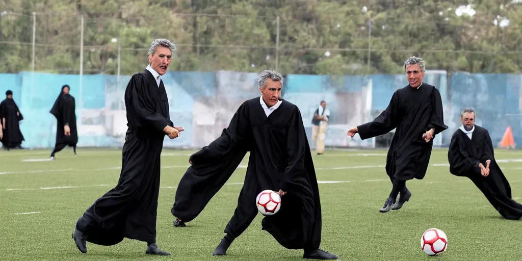 Image similar to Mauricio Macri and judges in black robes playing football