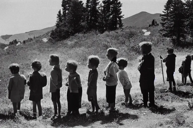 Image similar to A line of children waiting to look through a telescope, Ansel Adams