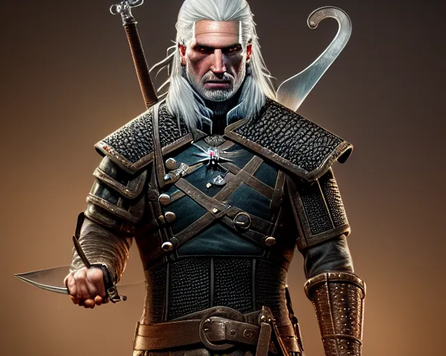 Prompt: 5 5 mm portrait photo of geralt of rivia holding a sword. magical atmosphere. art by greg rutkowski. highly detailed 8 k. intricate. lifelike. soft light. nikon d 8 5 0.