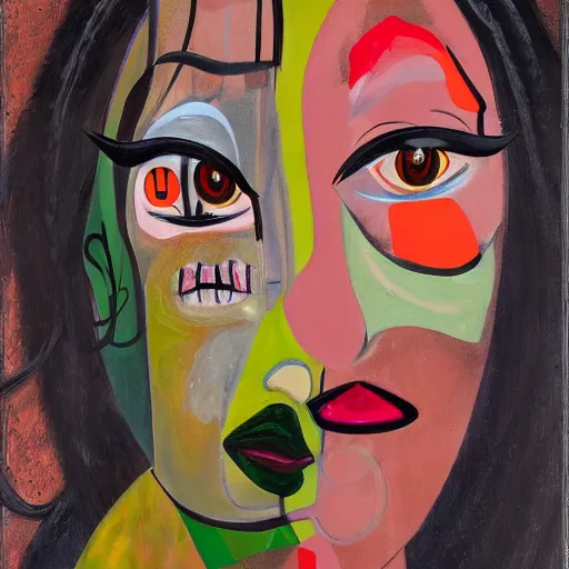 Prompt: grotesque portrait of kim kardashian painted by george condo, intricate, multiple faces, dark, highly detailed, oil on canvas, terrifying, brilliantly colored, 8 k