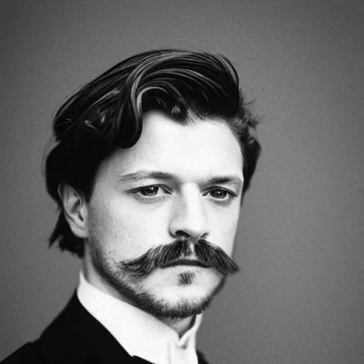 Image similar to headshot edwardian photograph of james mcavoy, sebastian stan, henry cavill, moustache, 1 9 2 0 s film actor, suave, charming, realistic face, 1 9 1 0 s photography, 1 9 0 0 s, grainy, victorian, soft blur
