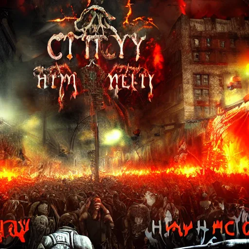 Image similar to city of hell, heavy metal rock city of hell, people in the city headbanging and marching like they do in a moshpit, realistic, hdr, clear image, hdd, dynamic lighting, rtx on,