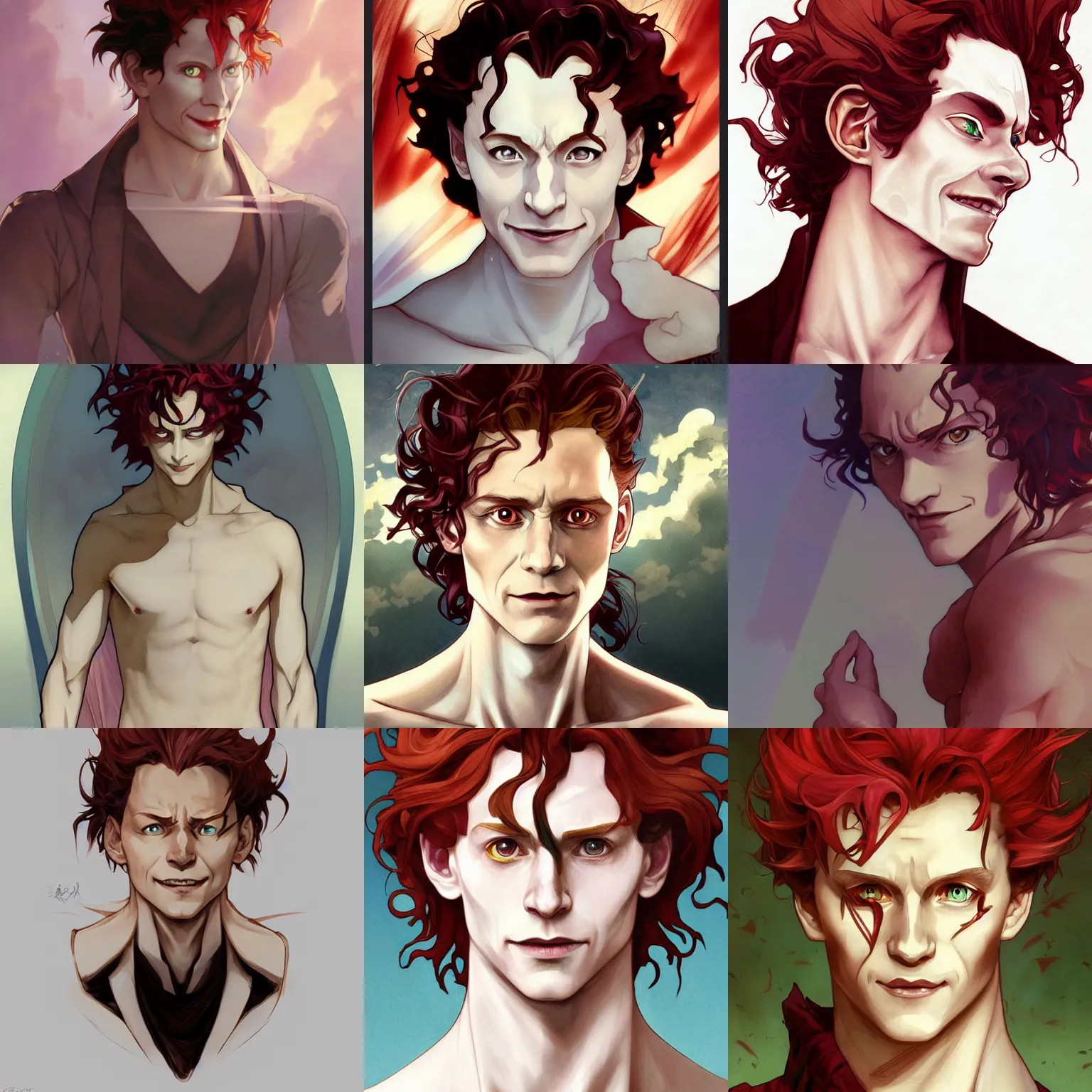 Prompt: hisoka, young tom hiddleston, cel - shaded animesque art by artgerm and greg rutkowski and alphonse mucha, smooth white skin, smirking face, reddish hair, d & d, fantasy, portrait, soft facial features, highly detailed, digital painting, trending on artstation, concept art, sharp focus, illustration