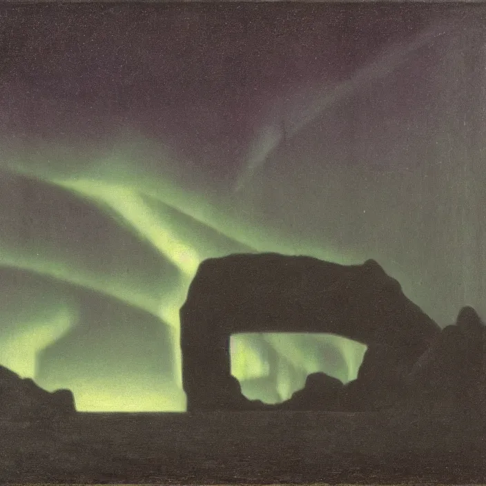 Image similar to the giant boulder, dark obsidian rock of ages filling up the interior of a house, cracking it's walls. aurora borealis. painting by hammershoi, zurbaran, monet