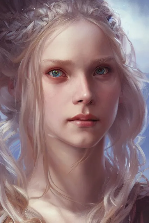 Image similar to Close-up portrait of young nordic girl, long blonde hair, dark fantasy, portrait, highly detailed, digital painting, artstation, concept art, sharp focus, illustration, art by artgerm and greg rutkowski and alphonse mucha