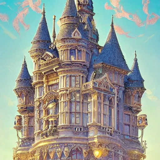 Prompt: a beautiful exquisite ornate details future castle on pinky clound, heaven, soft light, fantasy，James Jean, realistic, as trending on artstation, 8k,