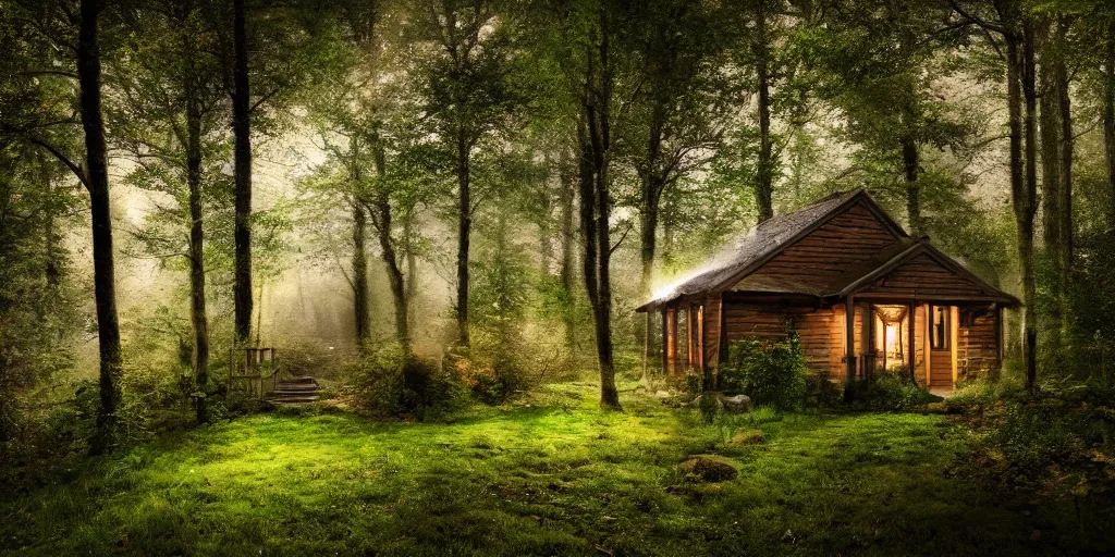 Image similar to a cottage in the woods, fantasy, hyper realistic, dramatic lighting, wide angle lens, 8k