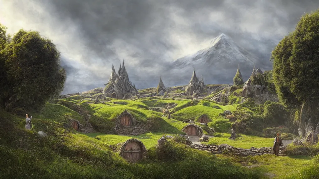 Image similar to frodo standing looking back over hobbiton, bag end visible in the distance, by alan lee, michal karcz, smooth details, lord of the rings, game of thrones, smooth, detailed terrain, oil painting, trending artstation, concept art, fantasy matte painting