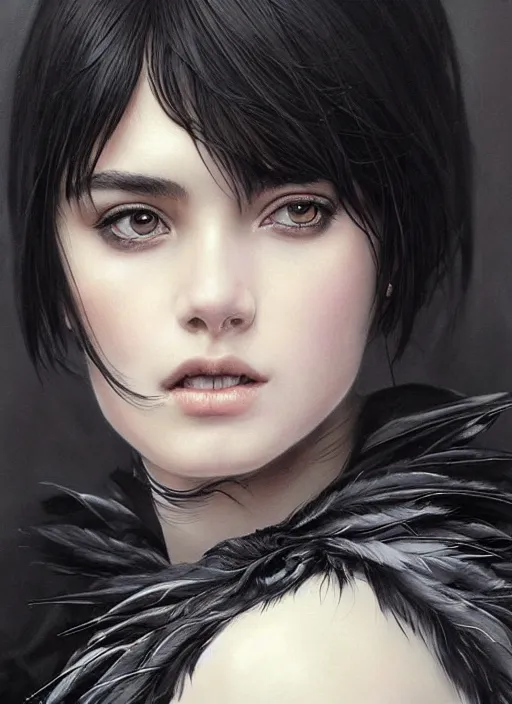 Prompt: a teenage girl with very short black hair and a huge cloak made of grey and black feathers. beautiful highly detailed face. beautiful painting by artgerm and greg rutkowski and raymond swanland