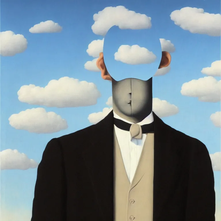 Image similar to portrait of a faceless shadow - head man in a suit, clouds in the background, by rene magritte, detailed painting, distance, middle centered, hd, hq, high resolution, high detail, 4 k, 8 k