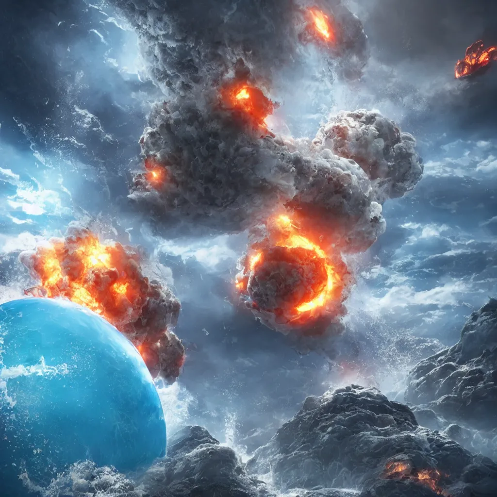 Prompt: two characters clashing & fighting over sphere of planet earth, one side water & Waterspouts & one side fire & volcano, octane render, future