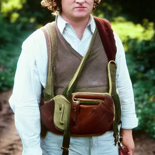 Image similar to close up headshot of a frowning clean shaven pudgy British lad with short curly dark brown hair as a hobbit wearing a white men's crossbody sling chest bag and blue vest, blue vest!! white crossbody chestbag!! high resolution film still, by Pamela Hanson