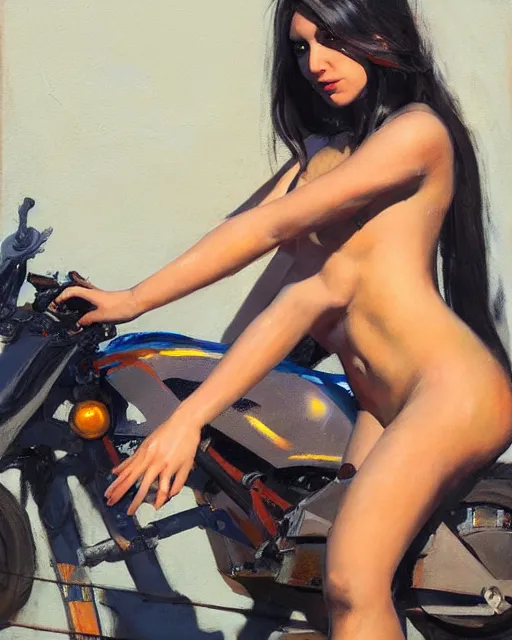 Prompt: greg manchess portrait painting of bunny cosplayer with female body, sitting on cyberpunk motorbike, medium shot, asymmetrical, profile picture, organic painting, sunny day, matte painting, bold shapes, hard edges, street art, trending on artstation, by huang guangjian and ail elvgren and sachin teng