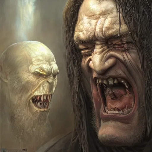 Image similar to vladimir putin, lord of the rings orcs leader, macabre by donato giancola and greg rutkowski and wayne barlow and zdzisław beksinski, realistic face, digital art