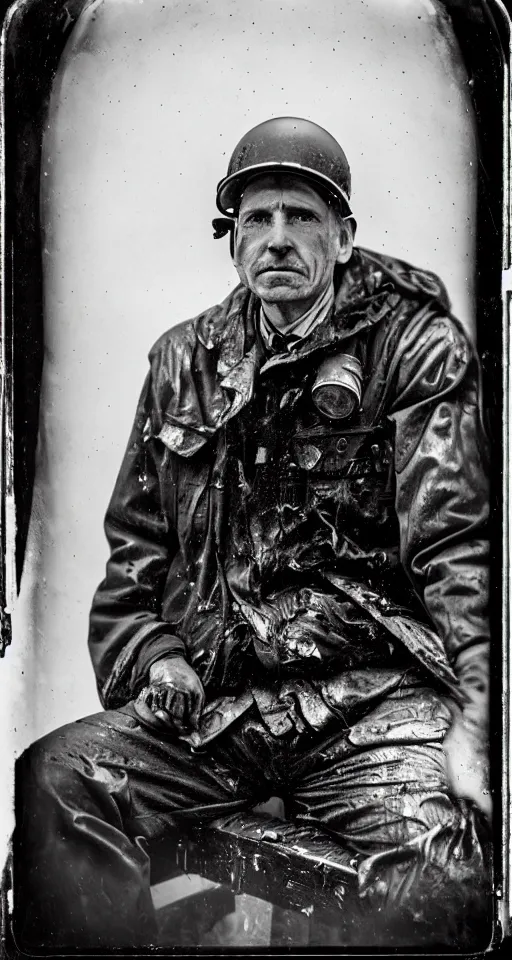 Prompt: a wet plate photograph, a portrait of a train engineer