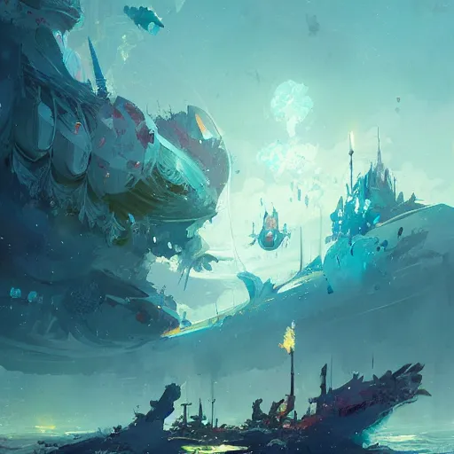 Prompt: gods of the deep, throne worlds, ascendent plane, art by ismail inceoglu and greg rutkowski