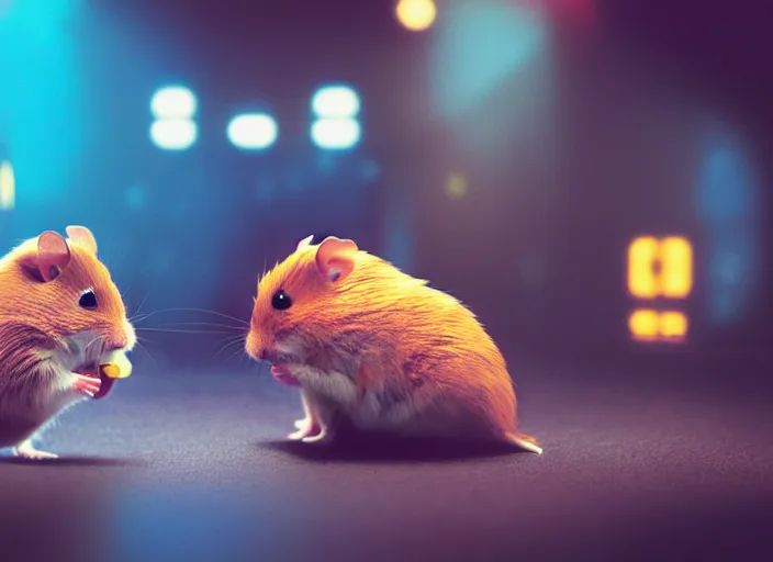 Prompt: hamsters in a cinema, movie still, cinematic, sharp focus, color grading from blade runner 2 0 4 9, cinematic grain, cinematic lighting, 8 k