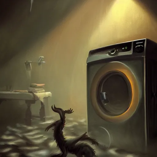 Image similar to demonic creature with giant claws crawling out of a washing machine in a laundry room, cinematic lighting, inspired by Evgeny Lushpin,George, greg rutkowski winter,nighttime,cinematic,art station