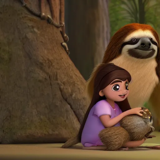 Prompt: a beautiful young indian cottagecore witch holds a cute sloth, traditional disney animation, highly detailed, still from movie, 8 k render