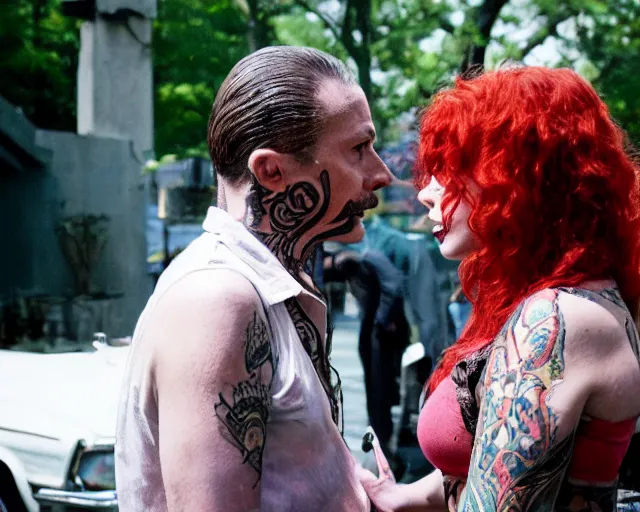 Prompt: mafioso nicky ( joe mangianello ) meets with the heavily tattooed hippie witch lydia ( rose mcgowan, curly red hair ) ; scene from the modern hbo mini series / the outfit /, a supernatural mafia crime thriller about magical monster - hunting mafiosi in philadelphia, hd 8 k film photography, with modern supernatural horror aesthetic.