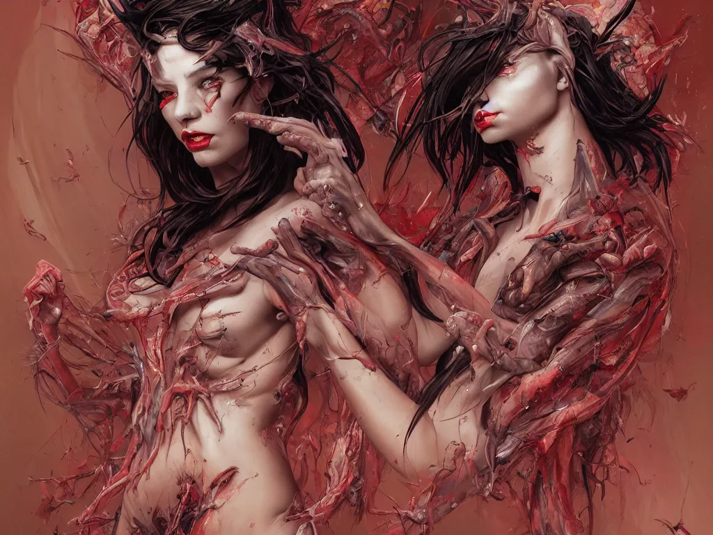 Image similar to a dream portrait of a gorgeous succubus dancing, beautiful, terrifying, melting, webbing, 8 k, by tristan eaton, stanley artgerm, tom bagshaw, greg rutkowski, carne griffiths, ayami kojima, beksinski, giger, trending on deviantart, face enhance, hyper detailed, minimalist, horror, full colour