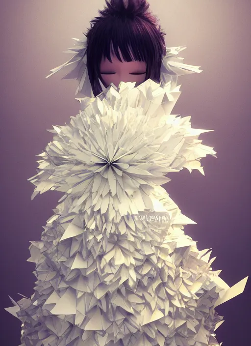 Image similar to background edge of space with puffy clouds are dusk, anthropomorphic paper woman wrapped in a flowing couture tissue paper, paper chrysanthemums, many origami stars, eery light, 3 d, very detailed, octane render, trending artstation, trending cgisociety, artgem