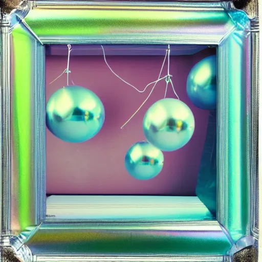 Image similar to a pastel colour high fidelity Polaroid art photo from a whimsical holiday album at a seaside with abstract inflatable parachute furniture ((and some spheres)), all objects made of transparent iridescent Perspex and metallic silver, no people, iridescence, nostalgic