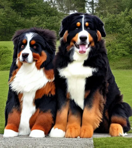 Image similar to a bernese mountain dog sitting next to a person, the person is a small toy figurine, the dog is a large large dog