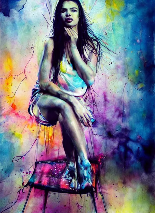 Image similar to adriana lima by agnes cecile and enki bilal, sitting on a stool, bent over posture, full body portrait, extremely luminous bright design, pastel colours, drips, autumn lights