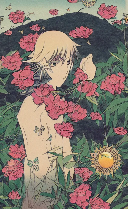 Prompt: by akio watanabe, manga art, butterflies and peony flowers on a hill, sun in the background, trading card front