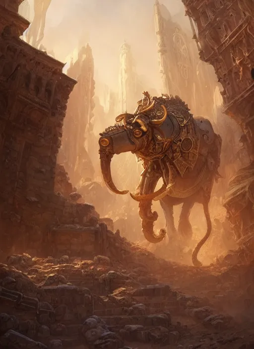 Image similar to golden mammoth in a ruined city, d & d, fantasy, intricate, elegant, highly detailed, digital painting, artstation, concept art, matte, sharp focus, illustration, hearthstone, art by artgerm and greg rutkowski and alphonse mucha