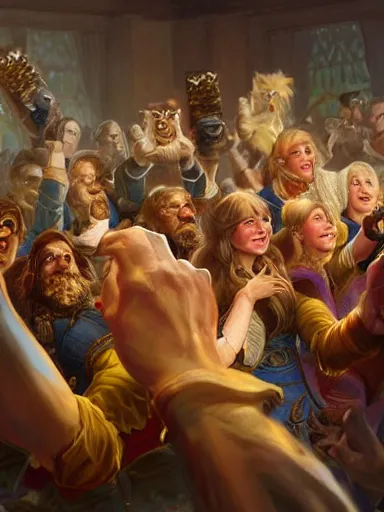 Prompt: a group of friends cheers! hooray! intricate, elegant, highly detailed, digital painting, artstation, concept art, sharp focus, illustration, by justin gerard and artgerm, 8 k